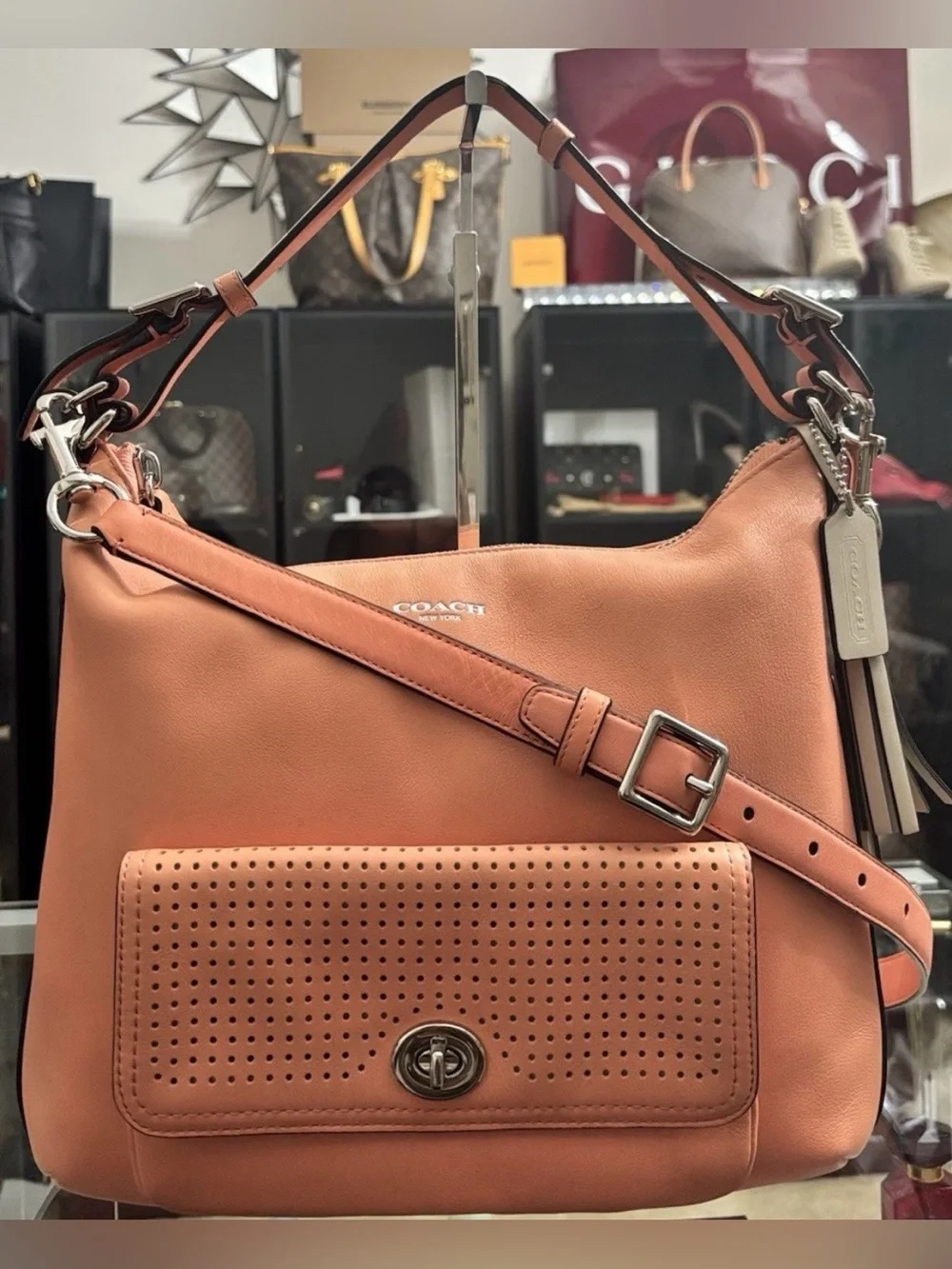 Women's Coral Leather Shoulder Bag with Front Pocket